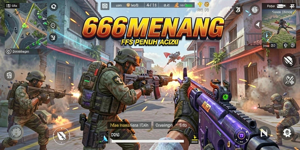 Screenshot gameplay FPS 666MENANG menampilkan aksi tembak-menembak yang intens.