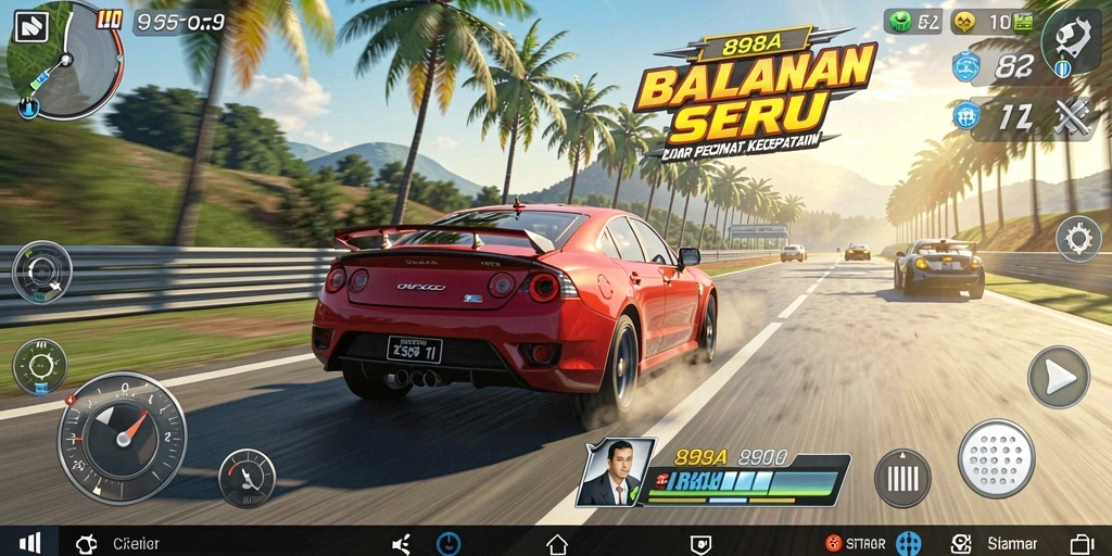 Tampilan gameplay <strong>898A</strong> dengan mobil balap di lintasan.