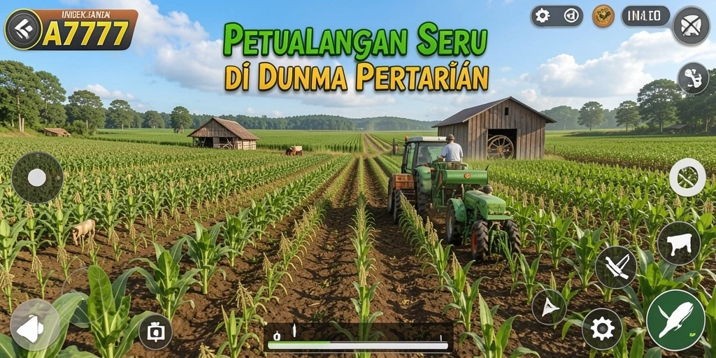 Gameplay A7777 menampilkan ladang yang subur dan hewan ternak yang lucu.
