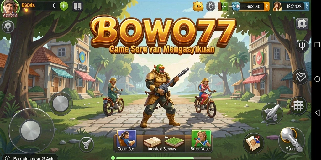 Screenshot gameplay BOWO77 menampilkan karakter dan sumber daya yang berkembang.
