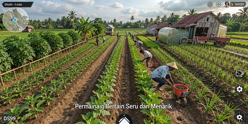 Gameplay DS99 yang menarik dengan ladang subur dan beragam tanaman.