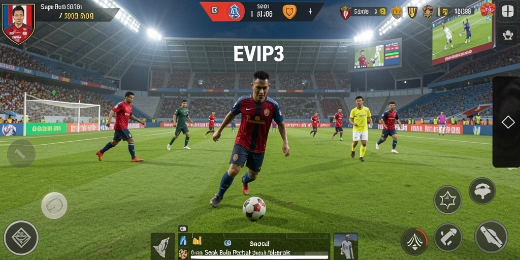 Tampilan mirip stadion dengan aksi permainan sepak bola yang dinamis.
