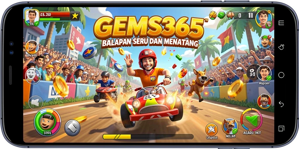 Gameplay seru GEMS365 dengan mobil balap cepat di lintasan.