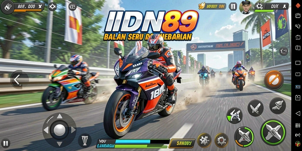 Gameplay IDN89 menampilkan balapan motor yang seru di trek yang menantang.