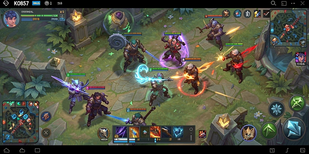 Screenshot gameplay KO857 menampilkan pertempuran seru antara dua tim MOBA.