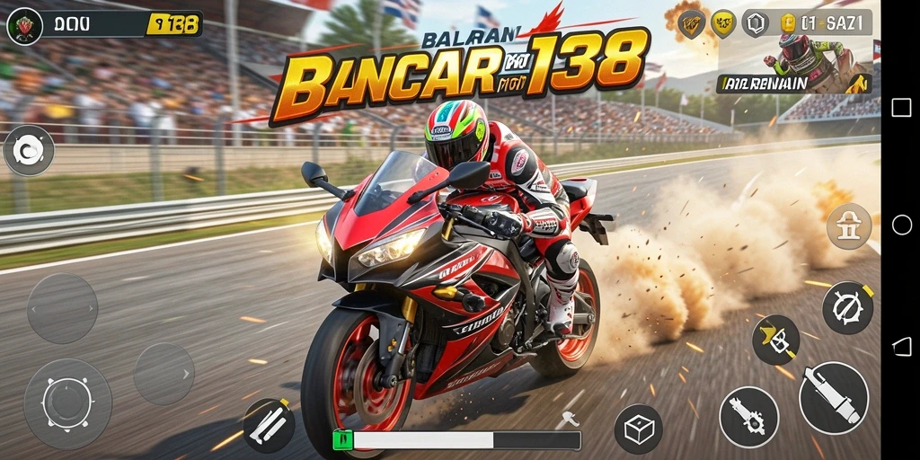 Screenshot gameplay dari LANCAR138 menampilkan balapan motor yang mendebarkan.
