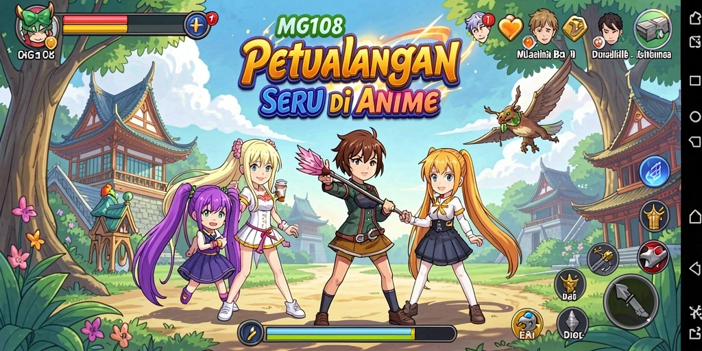 Screenshot MG108 menampilkan karakter anime dalam aksi bertempur di lingkungan fantastis.