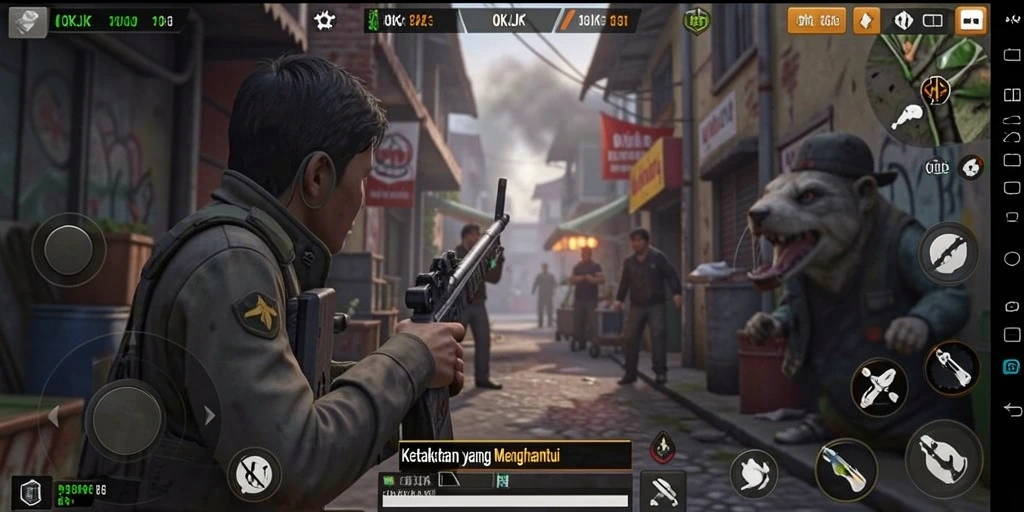 Screenshot gameplay OKJK yang menggambarkan suasana horor yang mencekam.