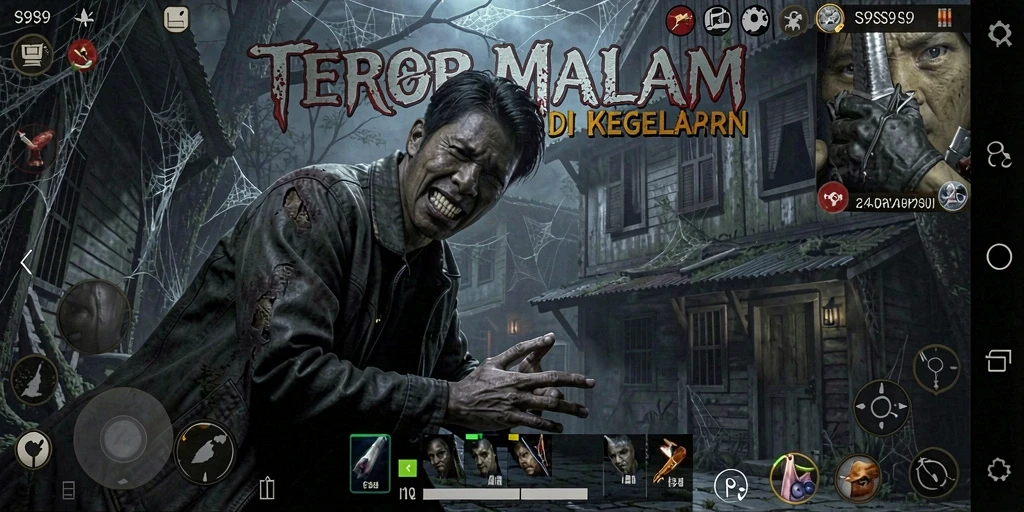 Screenshot gameplay S9S9 yang menampilkan suasana horor yang menegangkan.