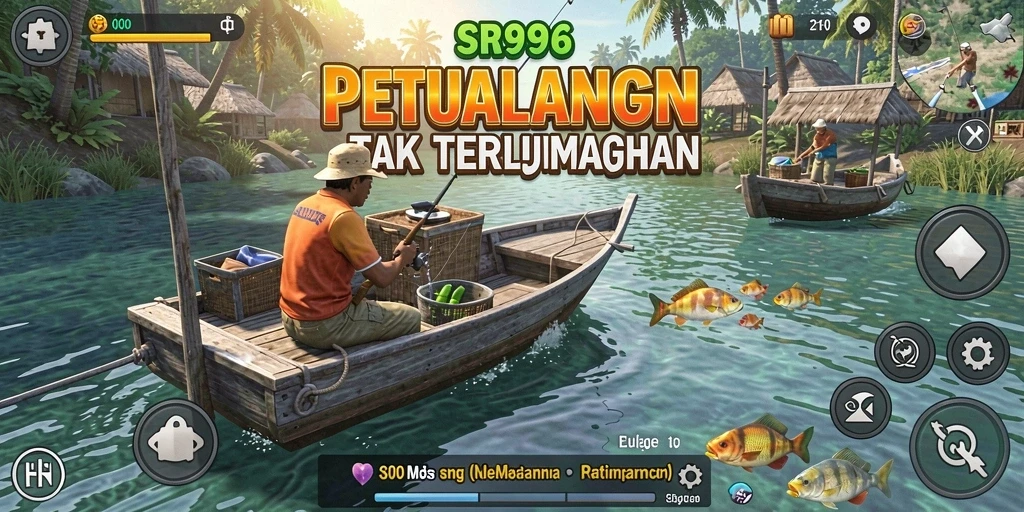 Screenshot game SR996 yang menunjukkan aksi memancing seru.