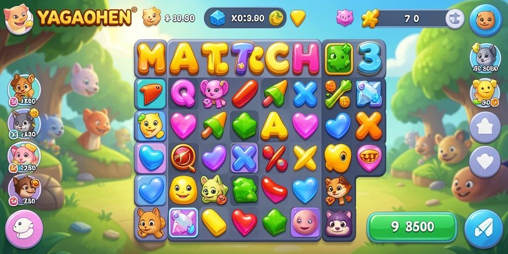 Gameplay seru YAGAOHEN dengan elemen Match-3 yang berwarna-warni.